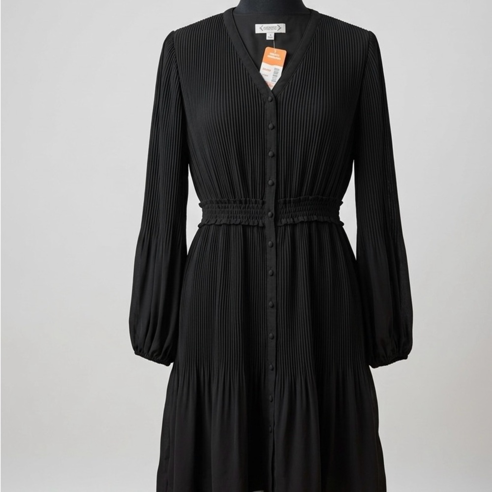 Nanette Lepore Black Pleated Button-Front Long Sleeve Dress